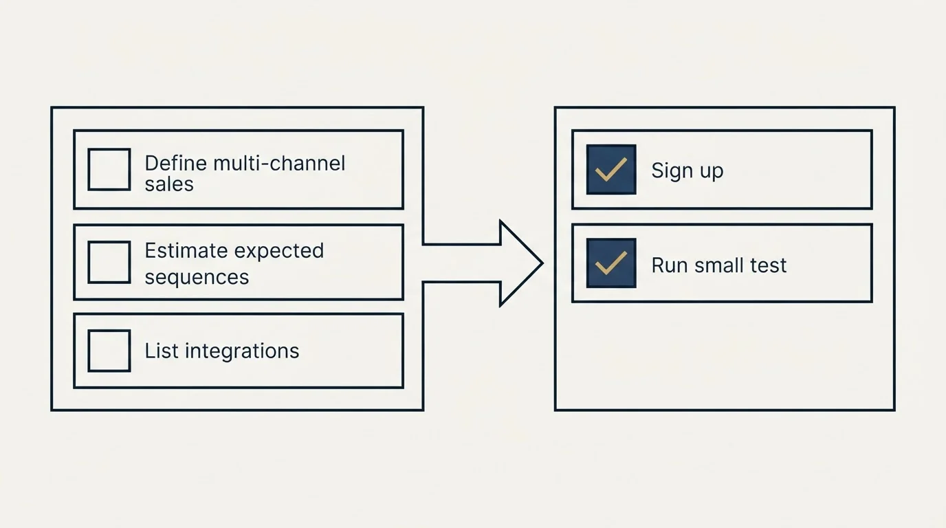 Before-and-after steps: Getting Started Checklist (Define multi-channel sales, Estimate expected sequences, List integrations, Sign up)