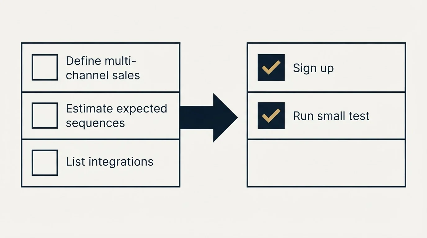 Before-and-after steps: Getting Started Checklist (Define multi-channel sales, Estimate expected sequences, List integrations, Sign up)