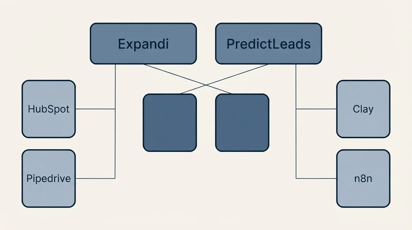 Integration grid: Integration Ecosystem (Expandi, PredictLeads, HubSpot, Clay)