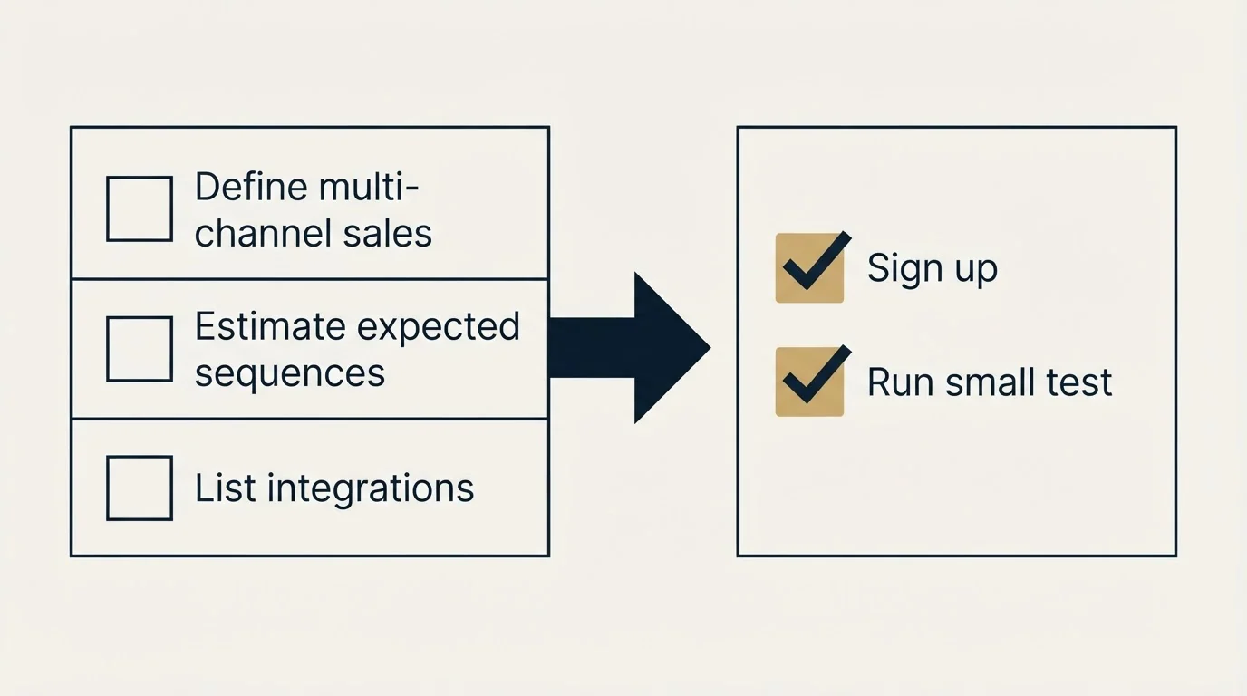 Before-and-after steps: Getting Started Checklist (Define multi-channel sales, Estimate expected sequences, List integrations, Sign up)
