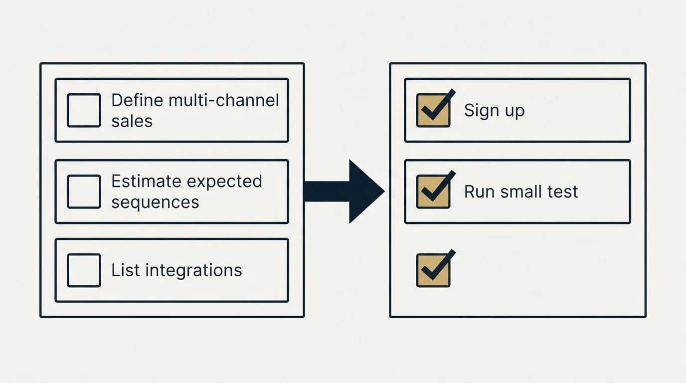 Before-and-after steps: Getting Started Checklist (Define multi-channel sales, Estimate expected sequences, List integrations, Sign up)