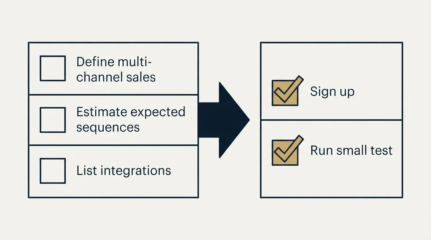 Before-and-after steps: Getting Started Checklist (Define multi-channel sales, Estimate expected sequences, List integrations, Sign up)