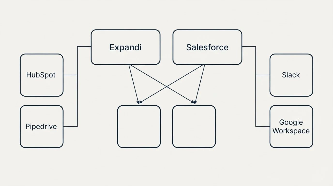 Integration grid: Integration Ecosystem (Expandi, Salesforce, HubSpot, Slack)