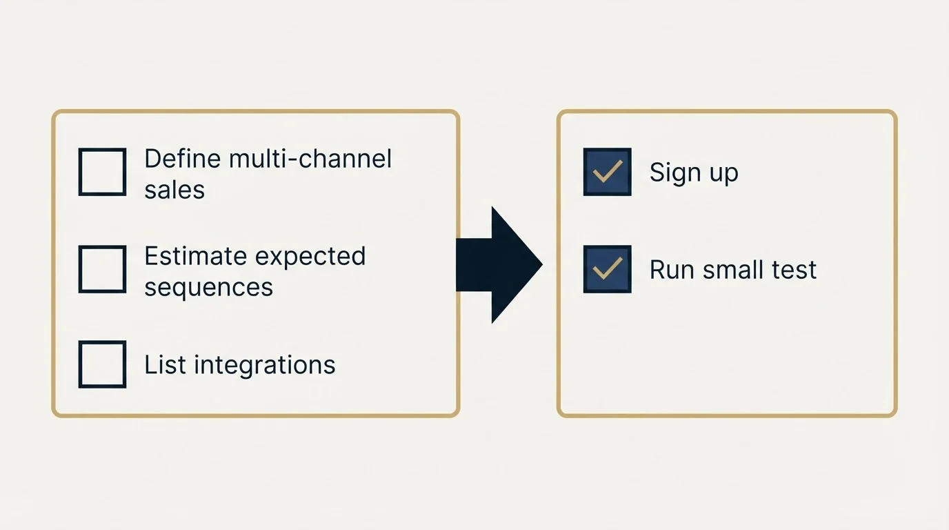 Before-and-after steps: Getting Started Checklist (Define multi-channel sales, Estimate expected sequences, List integrations, Sign up)