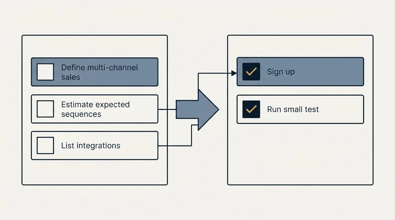 Before-and-after steps: Getting Started Checklist (Define multi-channel sales, Estimate expected sequences, List integrations, Sign up)