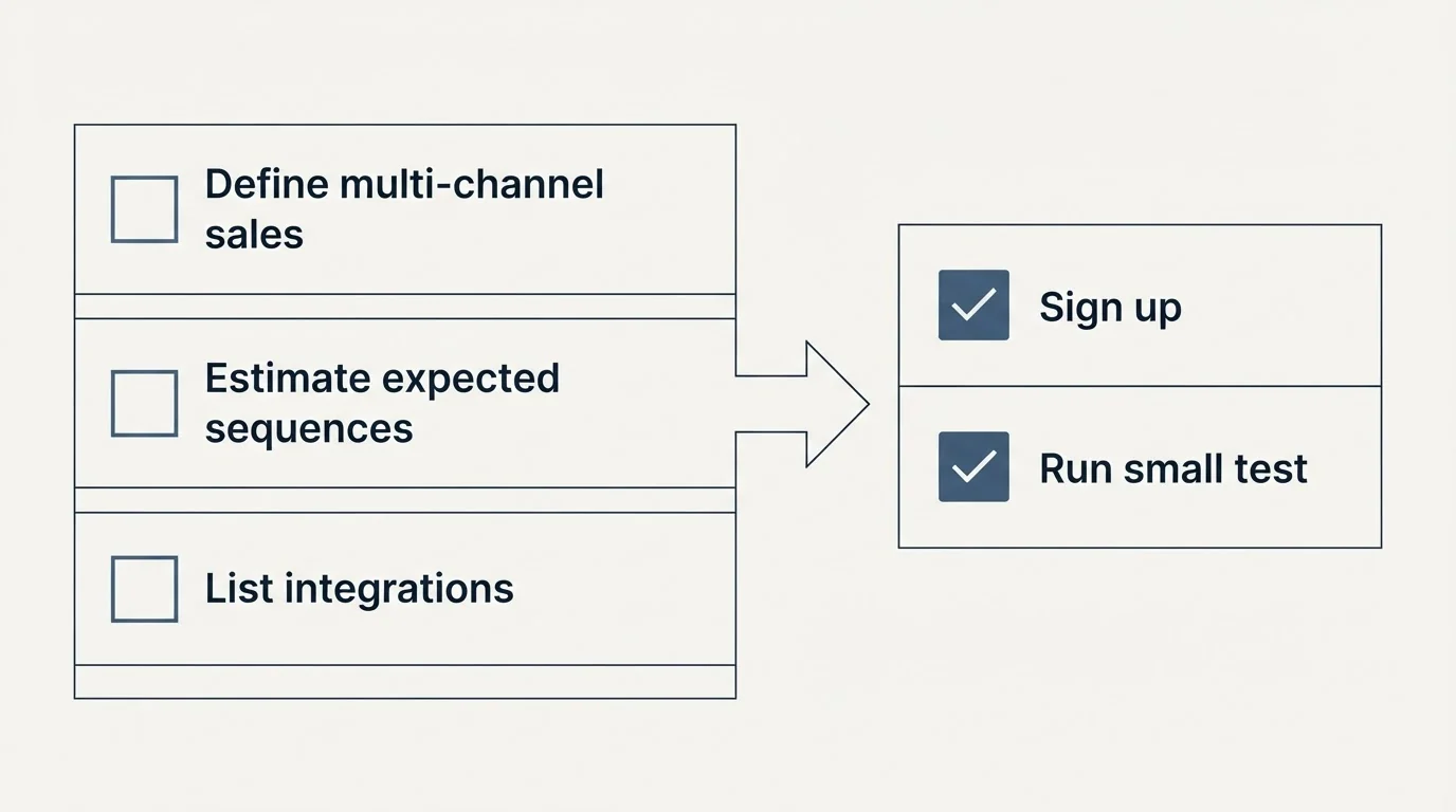 Before-and-after steps: Getting Started Checklist (Define multi-channel sales, Estimate expected sequences, List integrations, Sign up)
