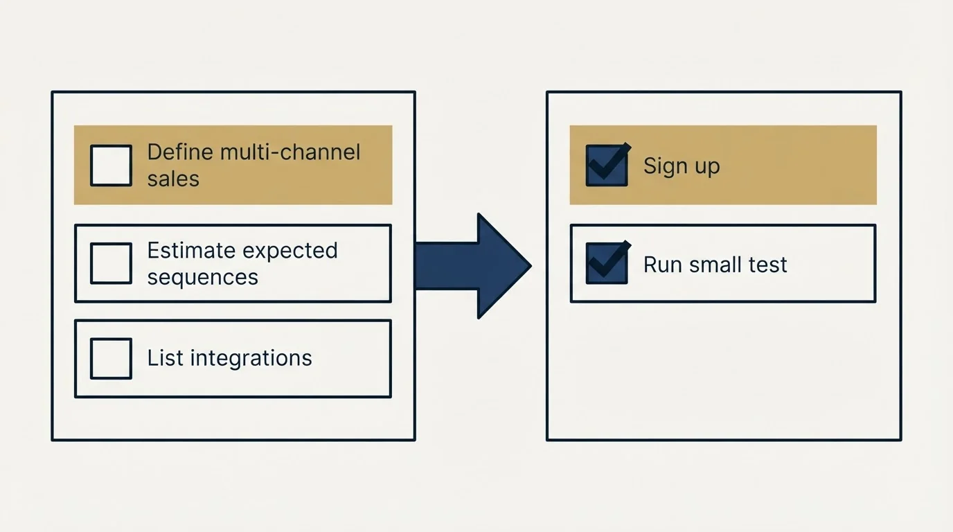 Before-and-after steps: Getting Started Checklist (Define multi-channel sales, Estimate expected sequences, List integrations, Sign up)