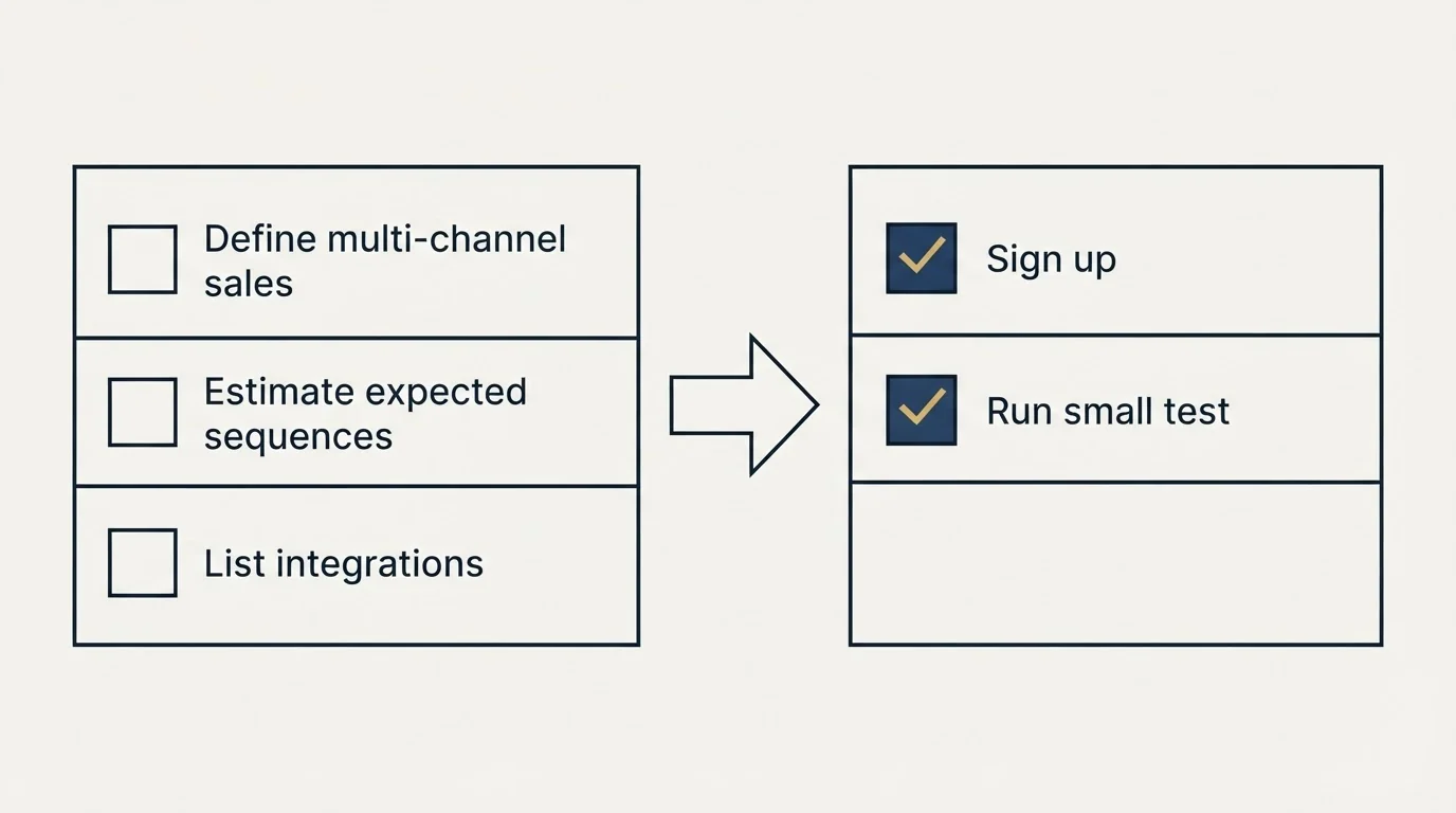 Before-and-after steps: Getting Started Checklist (Define multi-channel sales, Estimate expected sequences, List integrations, Sign up)