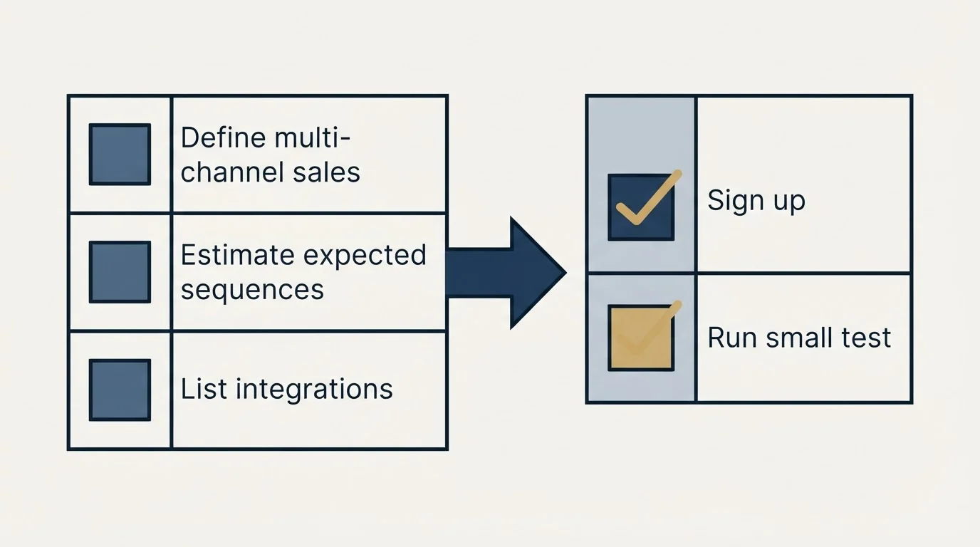 Before-and-after steps: Getting Started Checklist (Define multi-channel sales, Estimate expected sequences, List integrations, Sign up)