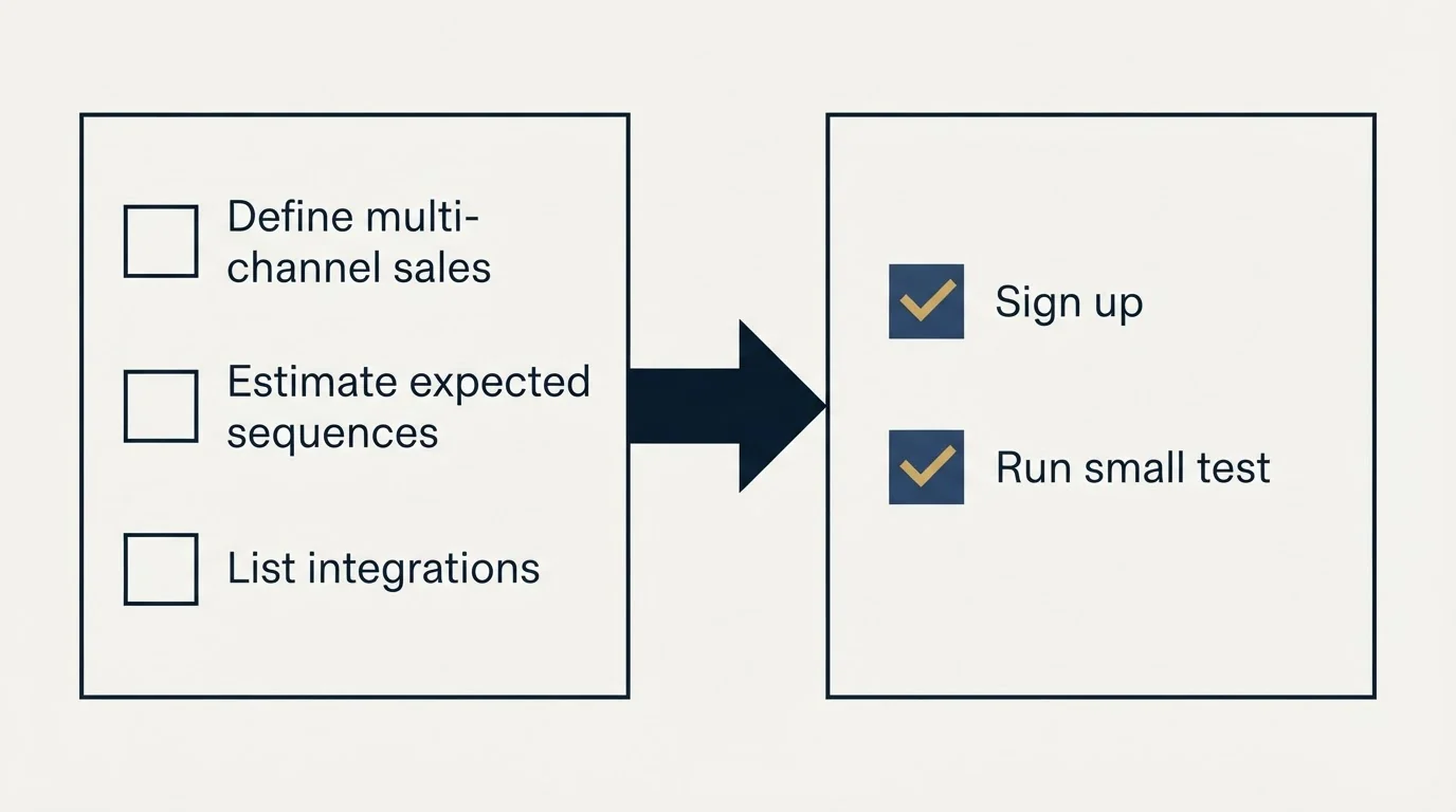 Before-and-after steps: Getting Started Checklist (Define multi-channel sales, Estimate expected sequences, List integrations, Sign up)