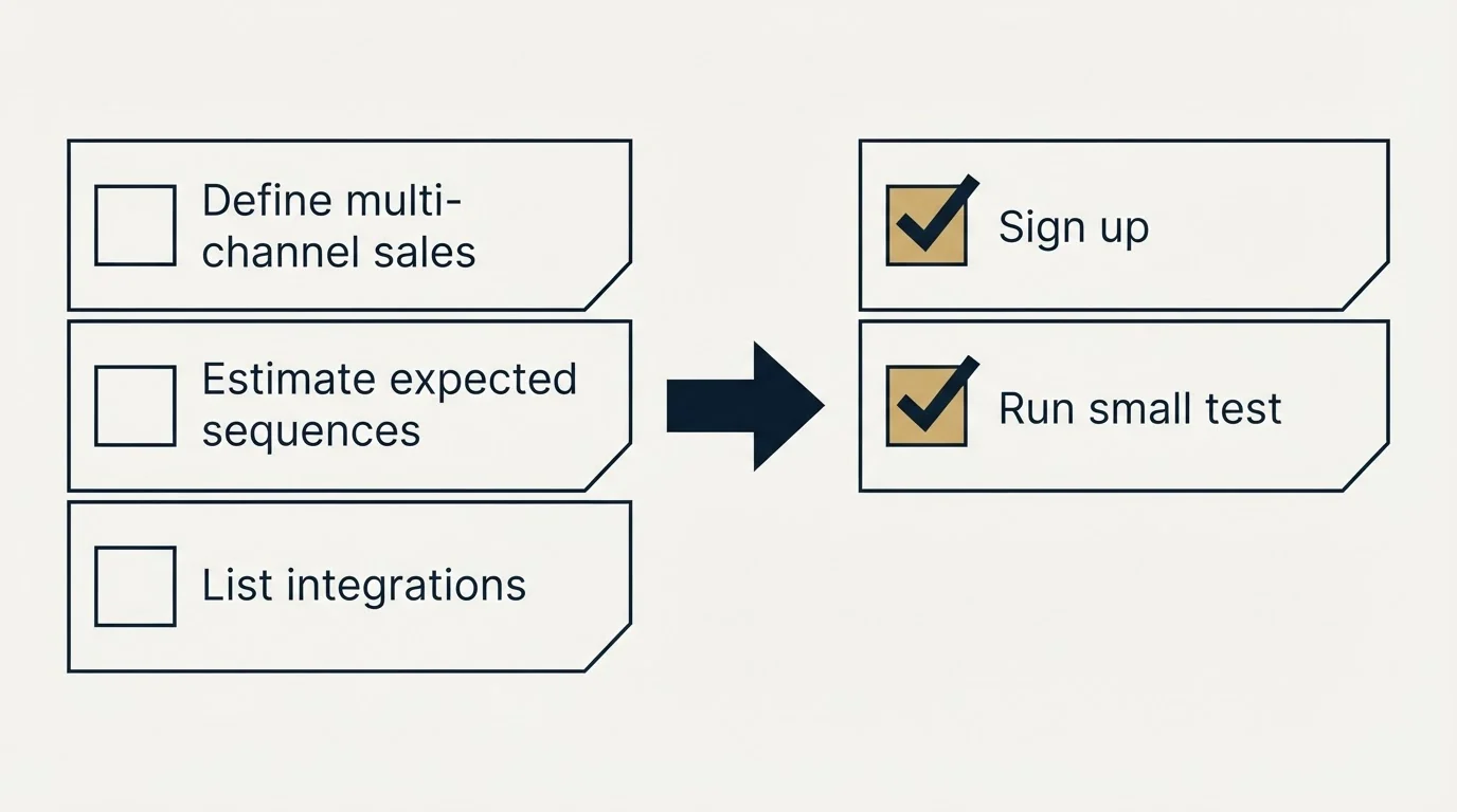 Before-and-after steps: Getting Started Checklist (Define multi-channel sales, Estimate expected sequences, List integrations, Sign up)