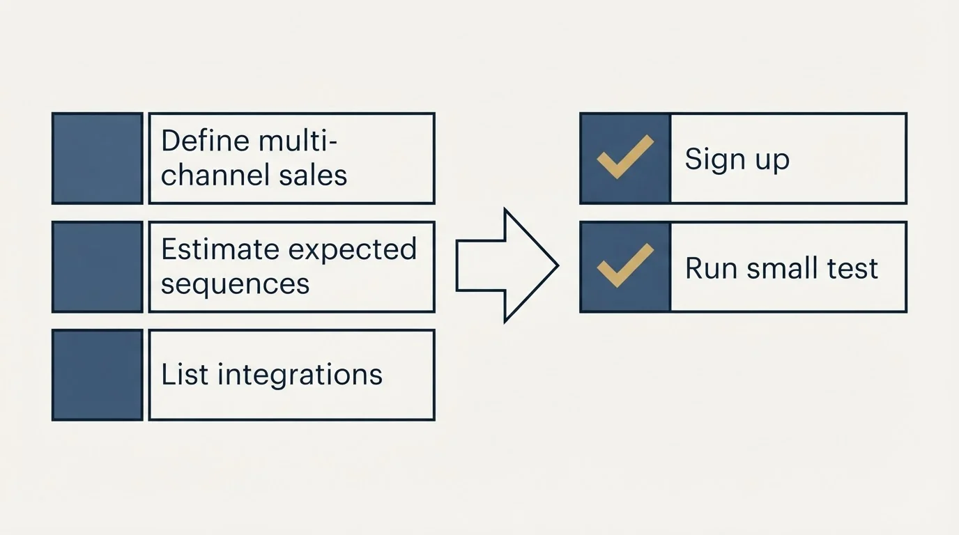 Before-and-after steps: Getting Started Checklist (Define multi-channel sales, Estimate expected sequences, List integrations, Sign up)