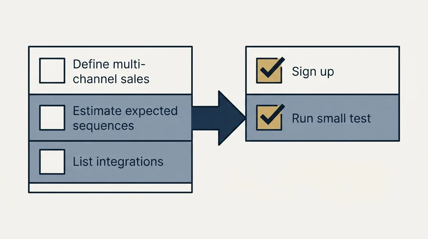 Before-and-after steps: Getting Started Checklist (Define multi-channel sales, Estimate expected sequences, List integrations, Sign up)