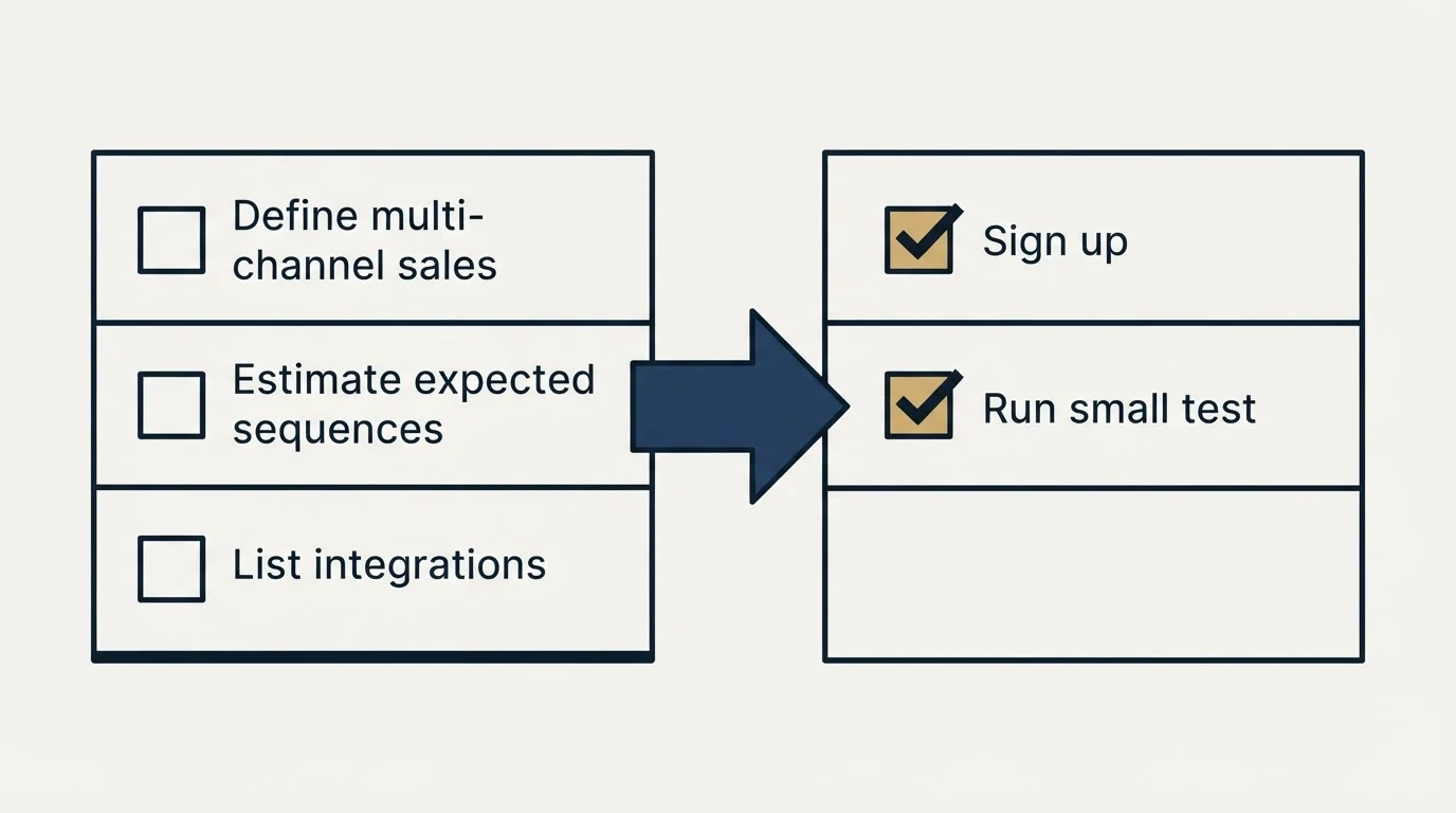Before-and-after steps: Getting Started Checklist (Define multi-channel sales, Estimate expected sequences, List integrations, Sign up)