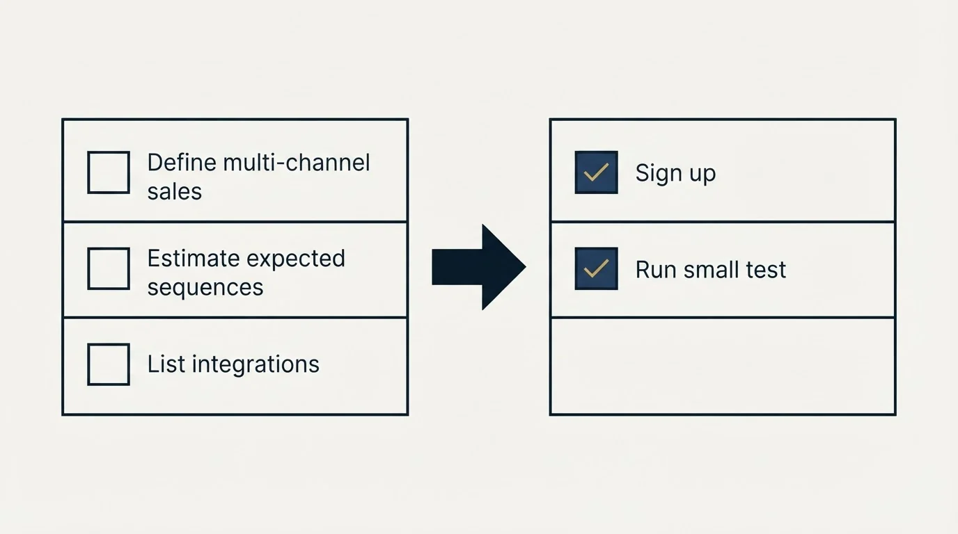 Before-and-after steps: Getting Started Checklist (Define multi-channel sales, Estimate expected sequences, List integrations, Sign up)