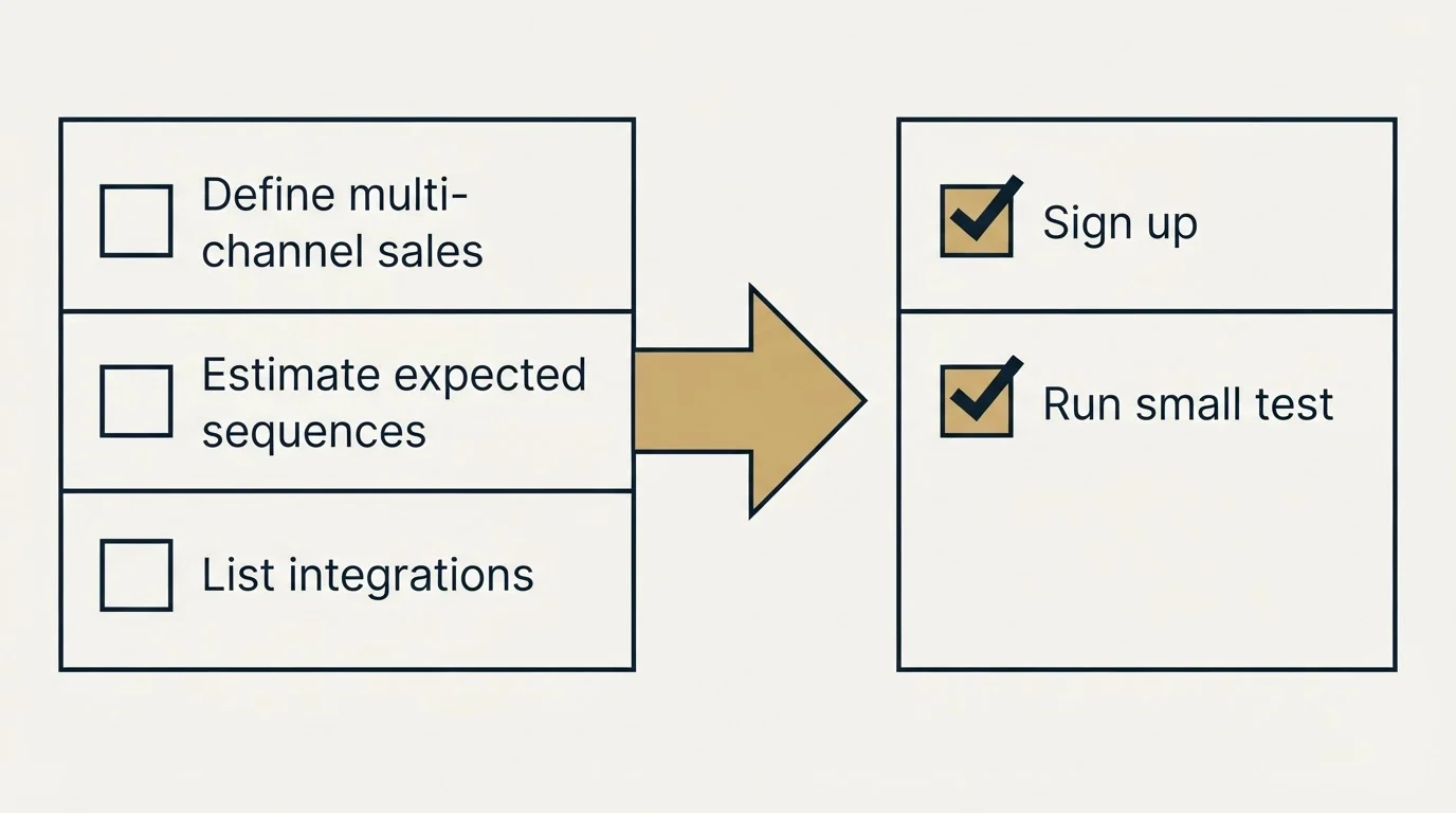 Before-and-after steps: Getting Started Checklist (Define multi-channel sales, Estimate expected sequences, List integrations, Sign up)