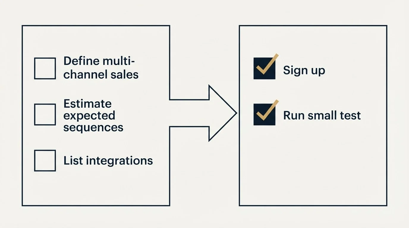 Before-and-after steps: Getting Started Checklist (Define multi-channel sales, Estimate expected sequences, List integrations, Sign up)