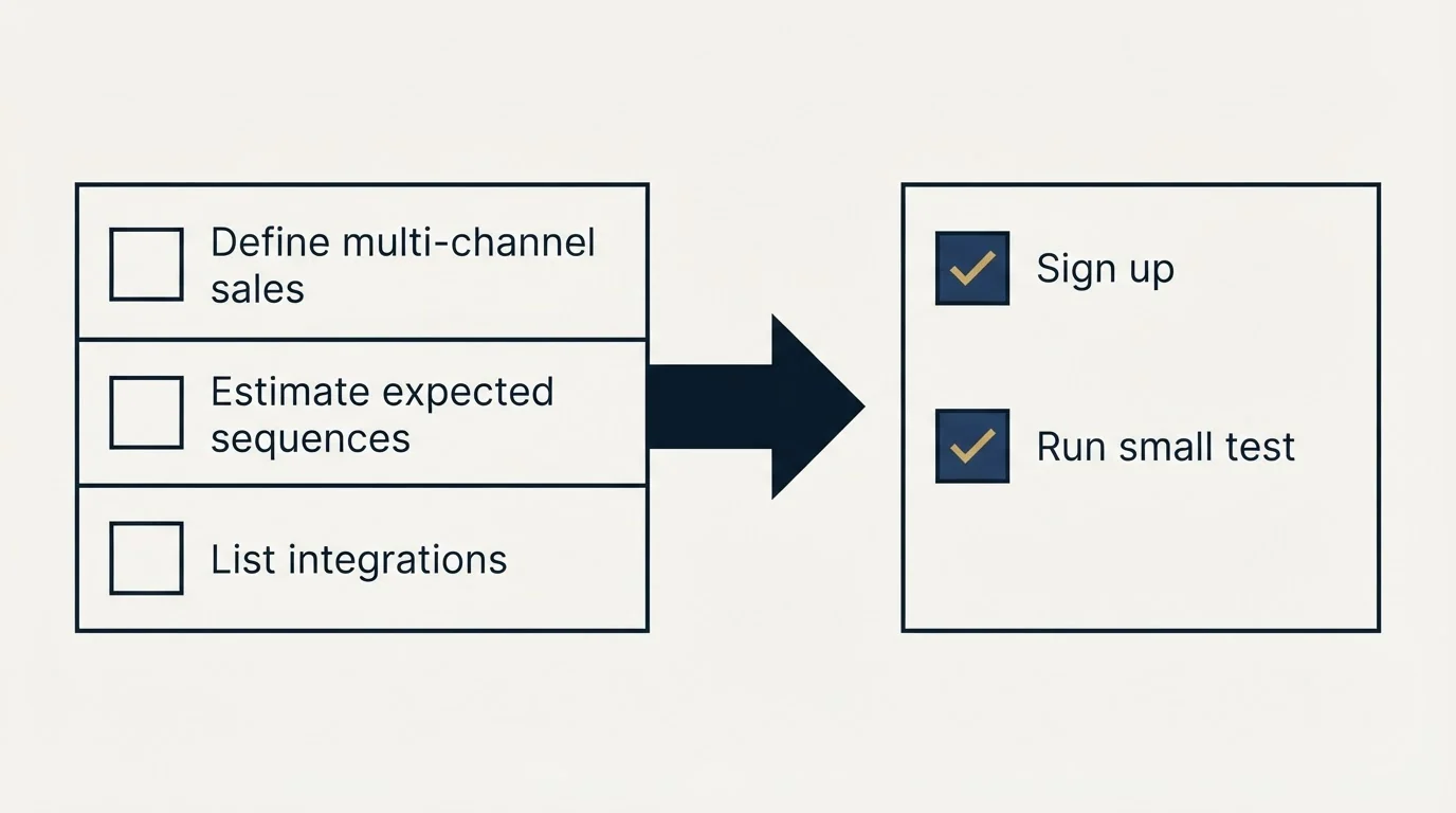 Before-and-after steps: Getting Started Checklist (Define multi-channel sales, Estimate expected sequences, List integrations, Sign up)