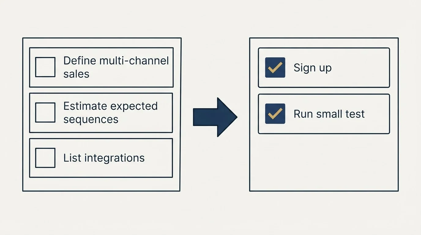 Before-and-after steps: Getting Started Checklist (Define multi-channel sales, Estimate expected sequences, List integrations, Sign up)