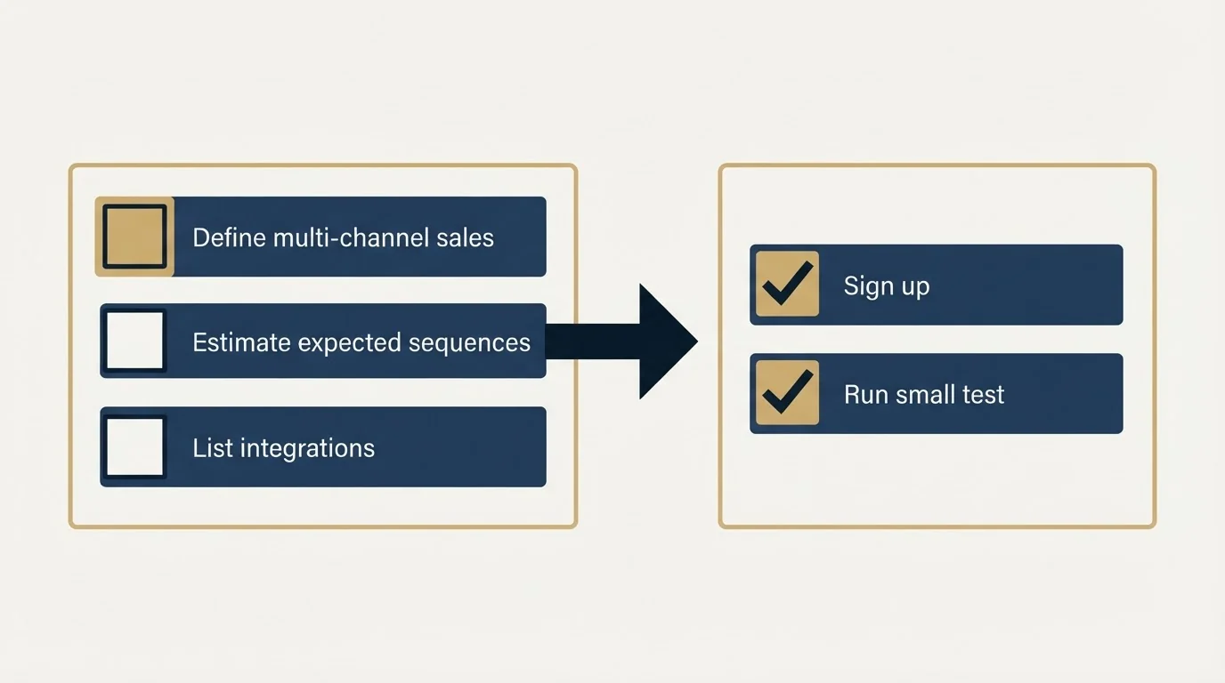 Before-and-after steps: Getting Started Checklist (Define multi-channel sales, Estimate expected sequences, List integrations, Sign up)