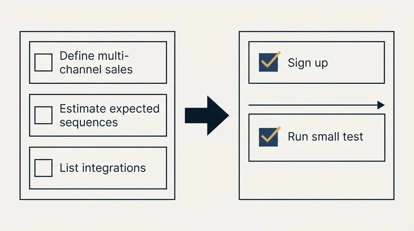 Before-and-after steps: Getting Started Checklist (Define multi-channel sales, Estimate expected sequences, List integrations, Sign up)