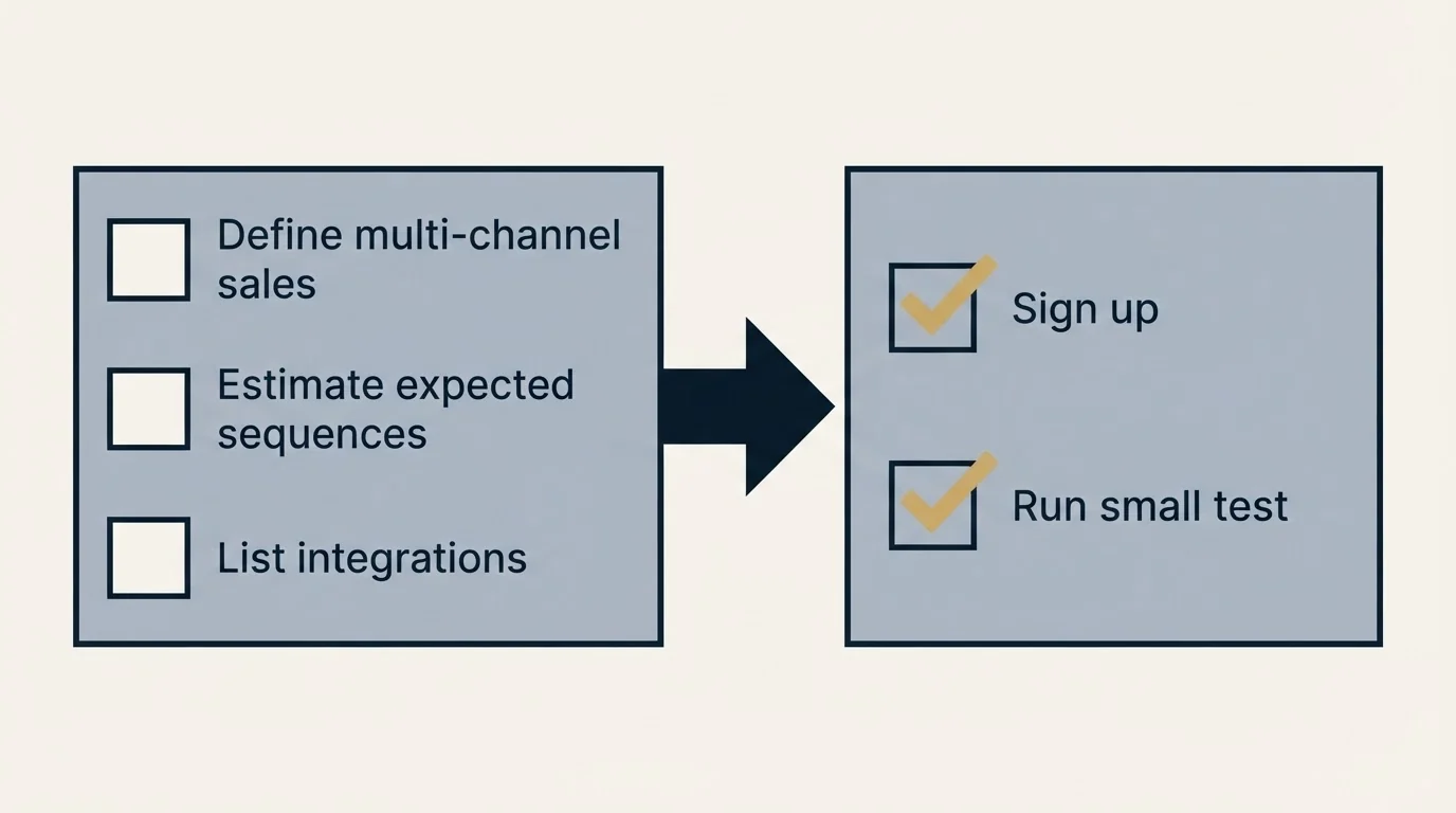 Before-and-after steps: Getting Started Checklist (Define multi-channel sales, Estimate expected sequences, List integrations, Sign up)