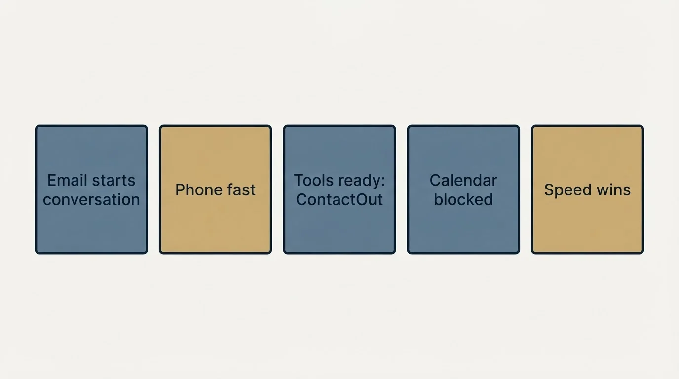 Schematic: The Real Reason Top Performers Move This Fast (Email starts conversation, Phone fast, Tools ready: ContactOut, Calendar blocked)
