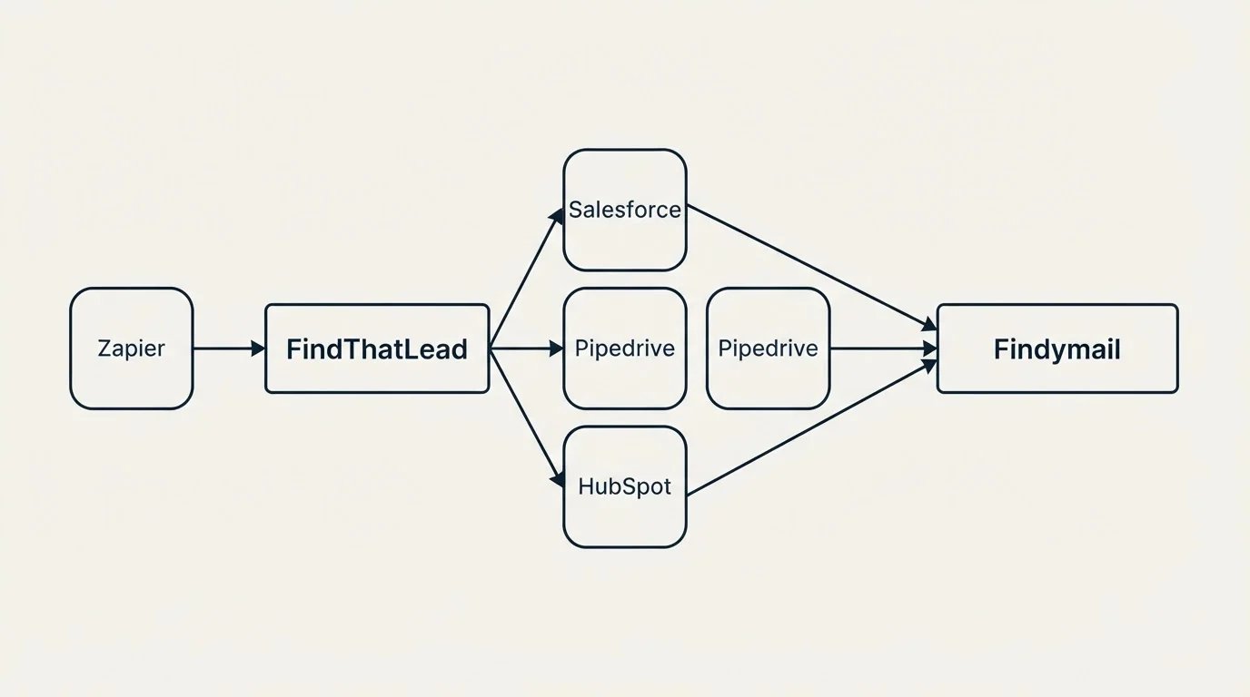 Integration schematic: Integration Ecosystem (FindThatLead, Findymail, Salesforce, Pipedrive)