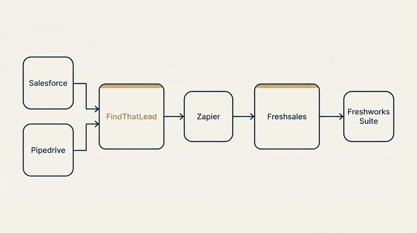 Integration flow: Integration Ecosystem (FindThatLead, Freshsales, Zapier, Salesforce)