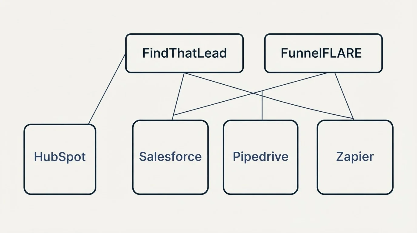 Integration grid: Integration Ecosystem (FindThatLead, FunnelFLARE, Salesforce, Pipedrive)