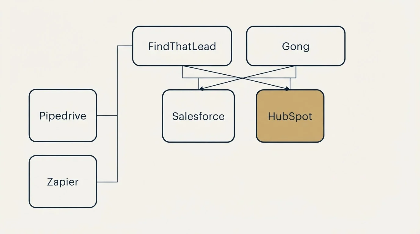 Integration grid: Integration Ecosystem (FindThatLead, Gong, Salesforce, HubSpot)