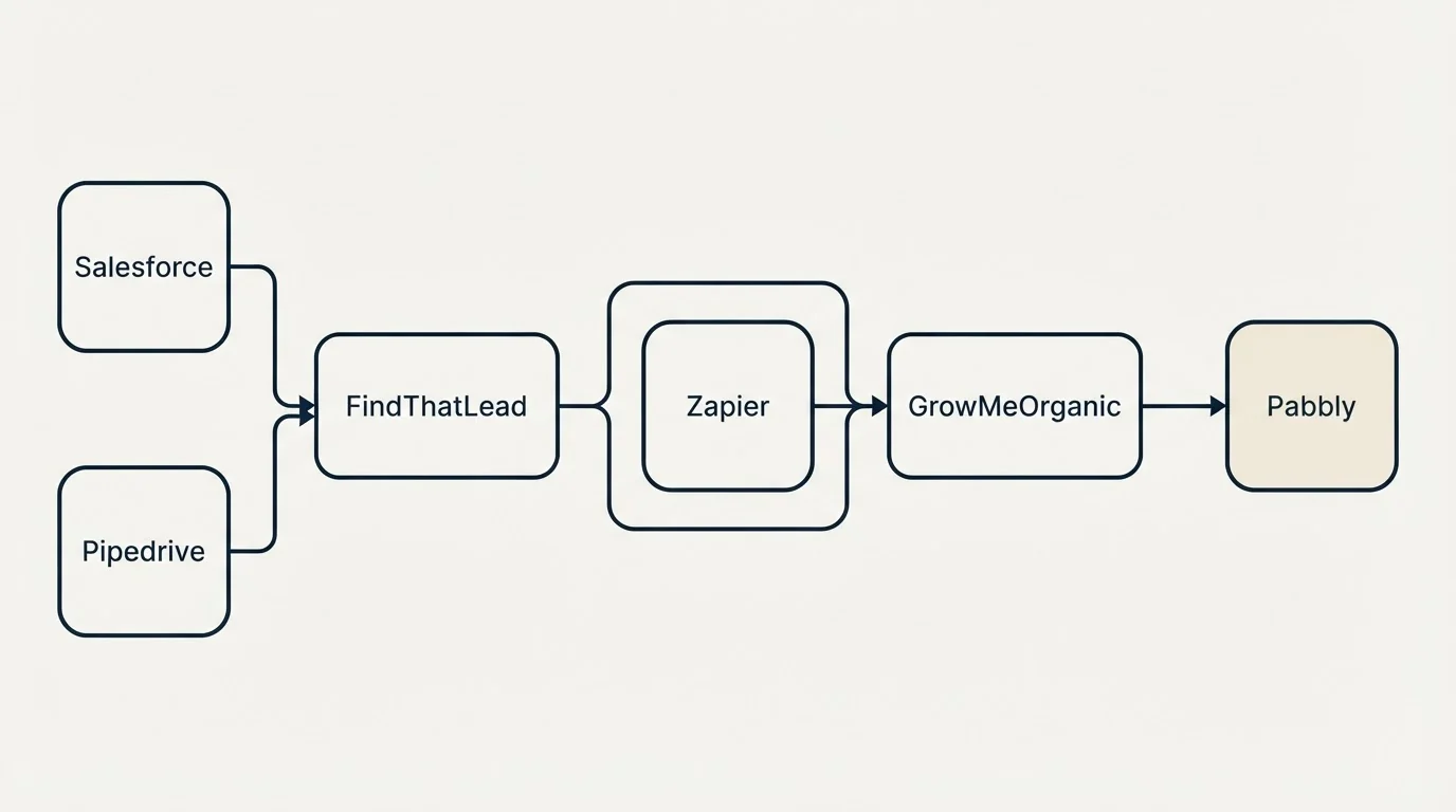 Integration schematic: Integration Ecosystem (FindThatLead, GrowMeOrganic, Zapier, Salesforce)