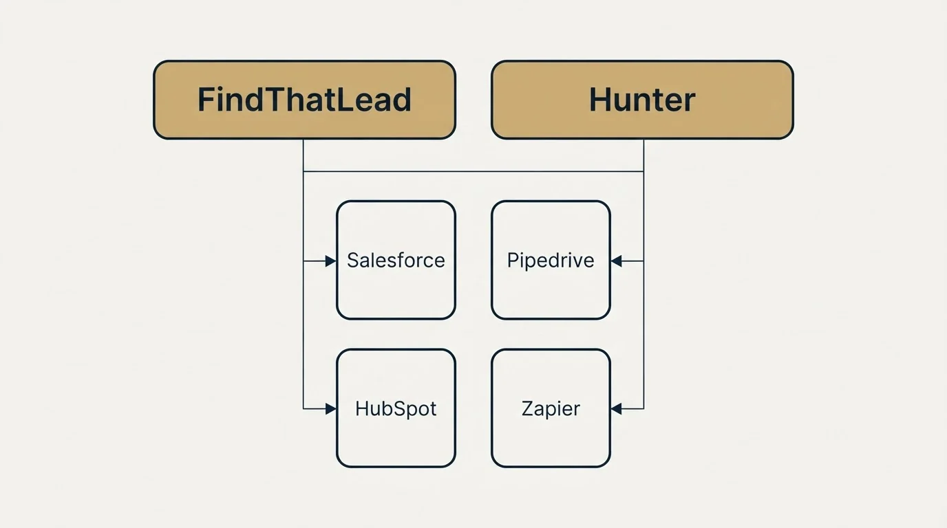 Integration grid: Integration Ecosystem (FindThatLead, Hunter, Salesforce, Pipedrive)