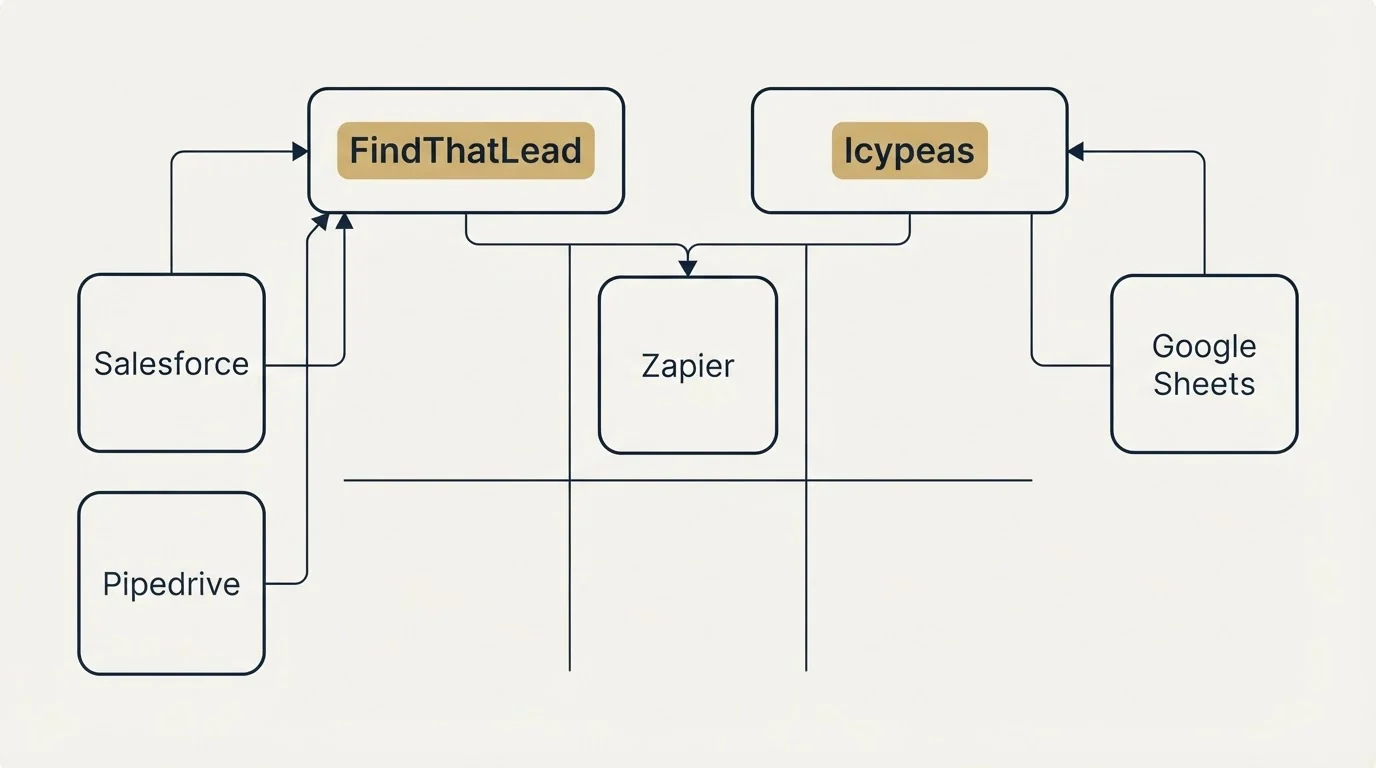 Integration grid: Integration Ecosystem (FindThatLead, Icypeas, Zapier, Salesforce)