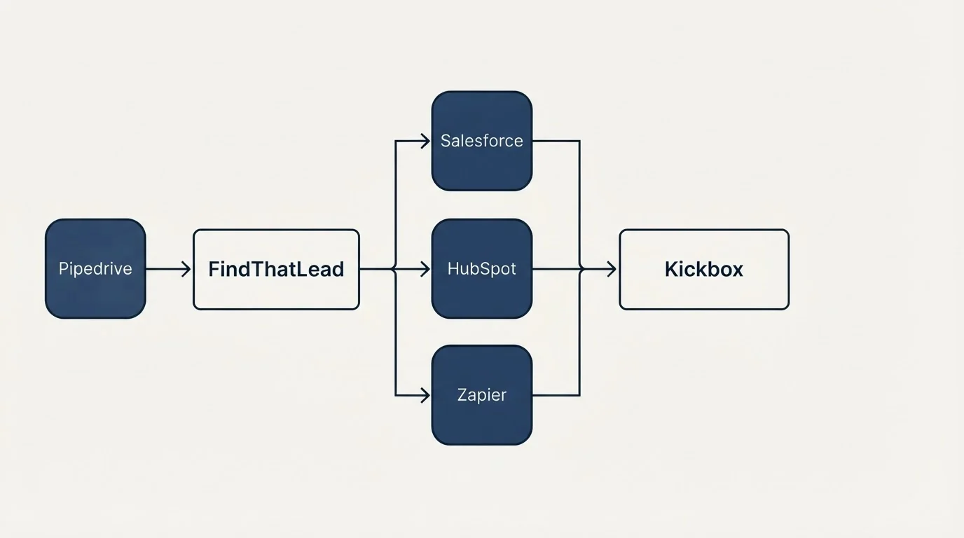 Integration flow: Integration Ecosystem (FindThatLead, Kickbox, Salesforce, HubSpot)