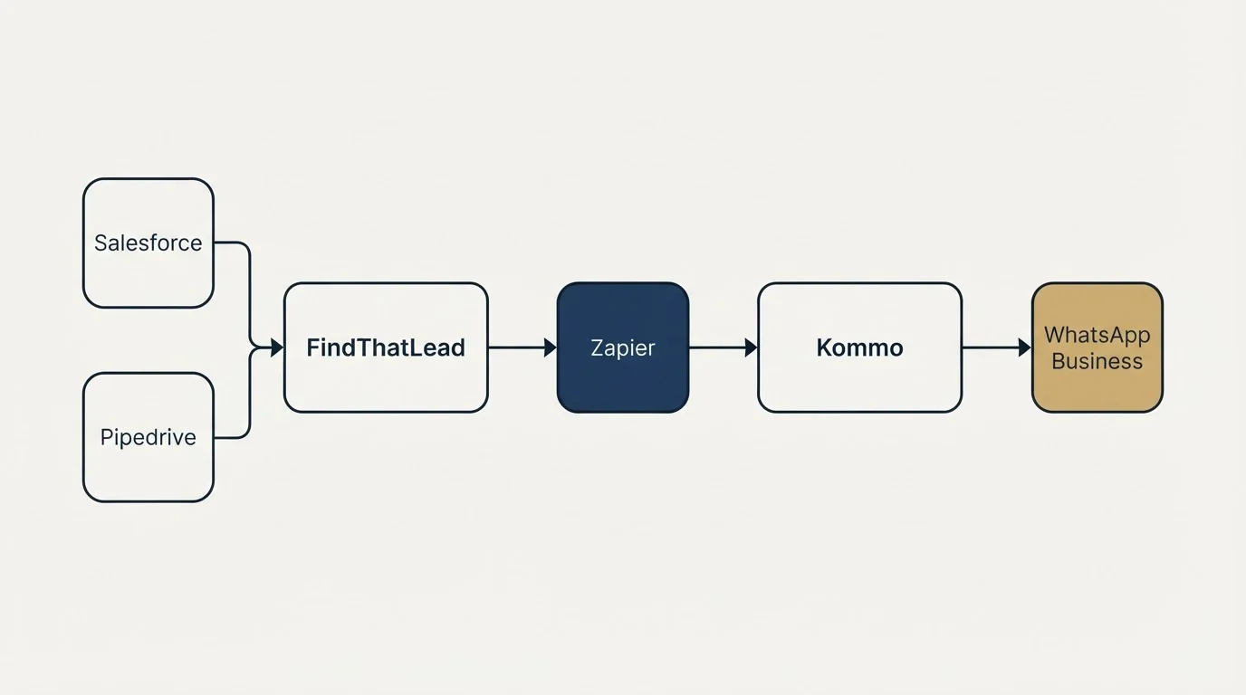 Integration schematic: Integration Ecosystem (FindThatLead, Kommo, Zapier, Salesforce)