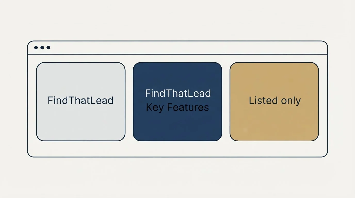Feature grid: Features Breakdown (FindThatLead, FindThatLead Key Features, Listed only)