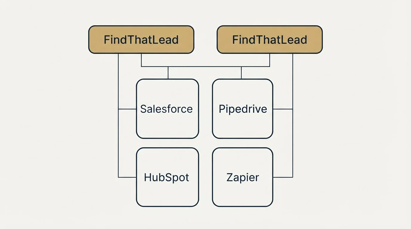 Integration grid: Integration Ecosystem (FindThatLead, Salesforce, Pipedrive, HubSpot)