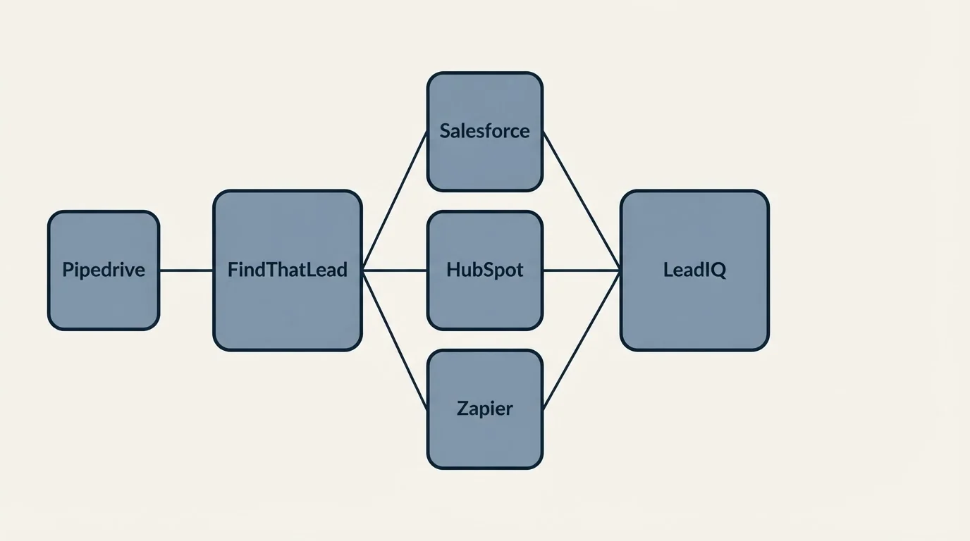 Integration schematic: Integration Ecosystem (FindThatLead, LeadIQ, Salesforce, HubSpot)
