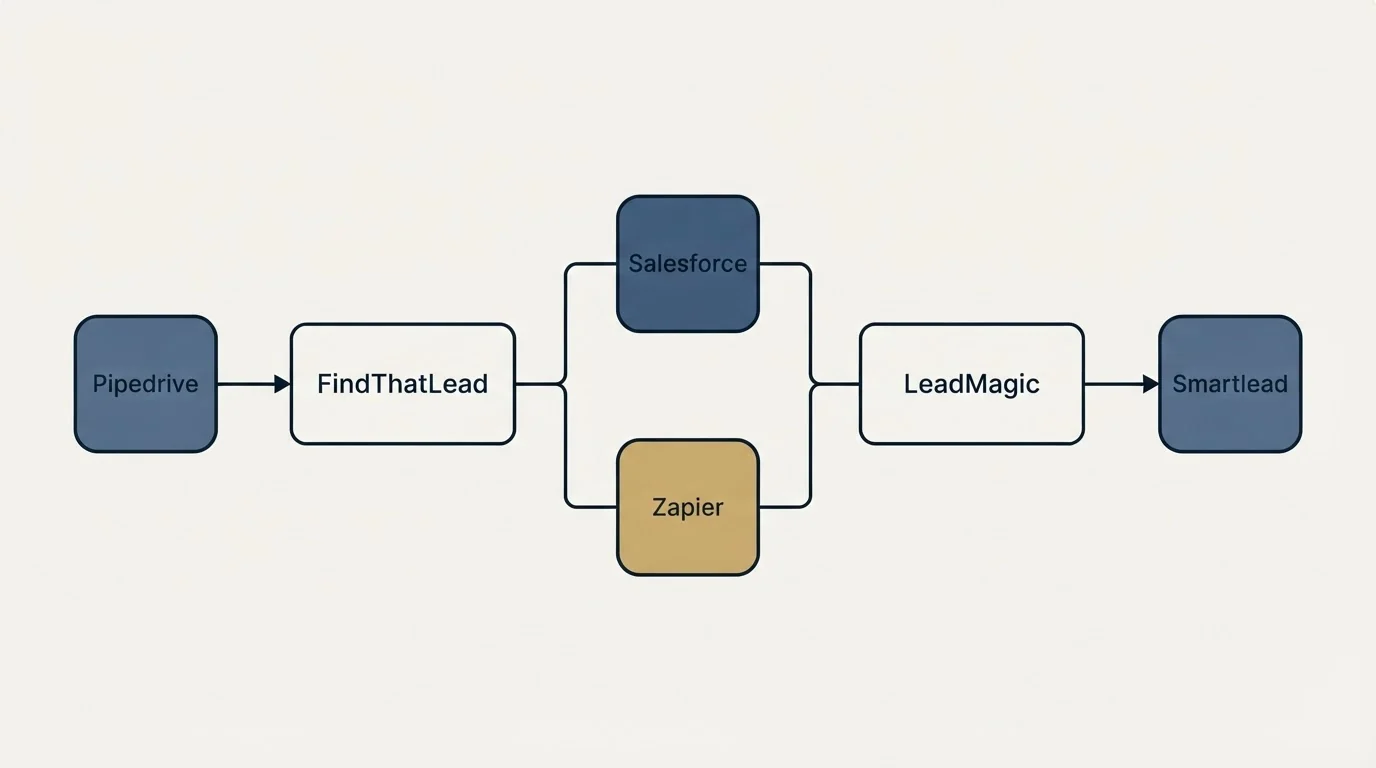 Integration flow: Integration Ecosystem (FindThatLead, LeadMagic, Salesforce, Zapier)
