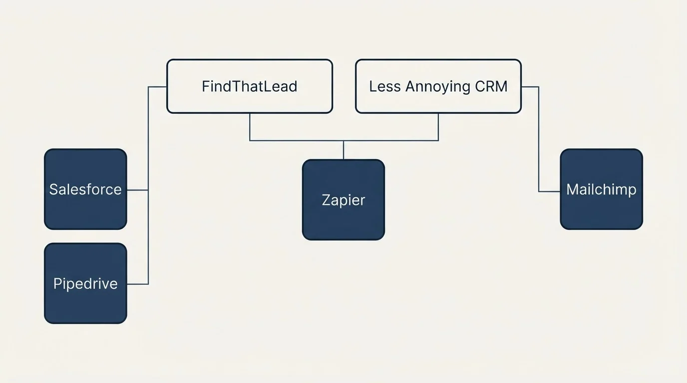 Integration grid: Integration Ecosystem (FindThatLead, Less Annoying CRM, Zapier, Salesforce)