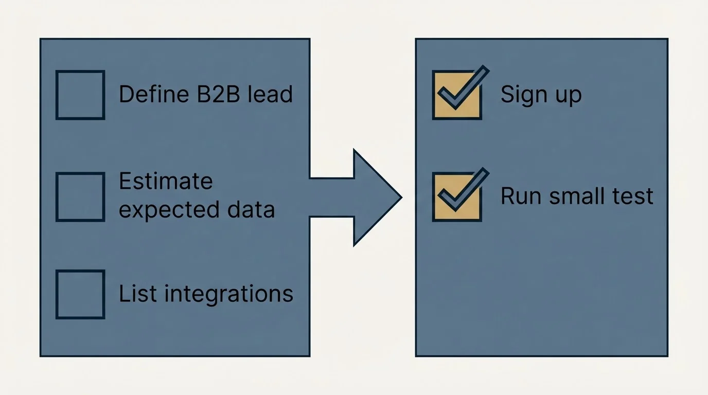 Before-and-after steps: Getting Started Checklist (Define B2B lead, Estimate expected data, List integrations, Sign up)