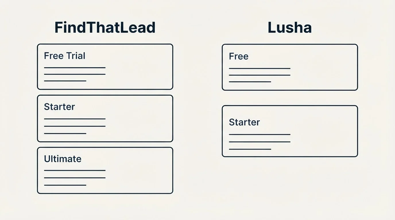 Pricing panels: Pricing Comparison (FindThatLead, Lusha, Free Trial, Free)