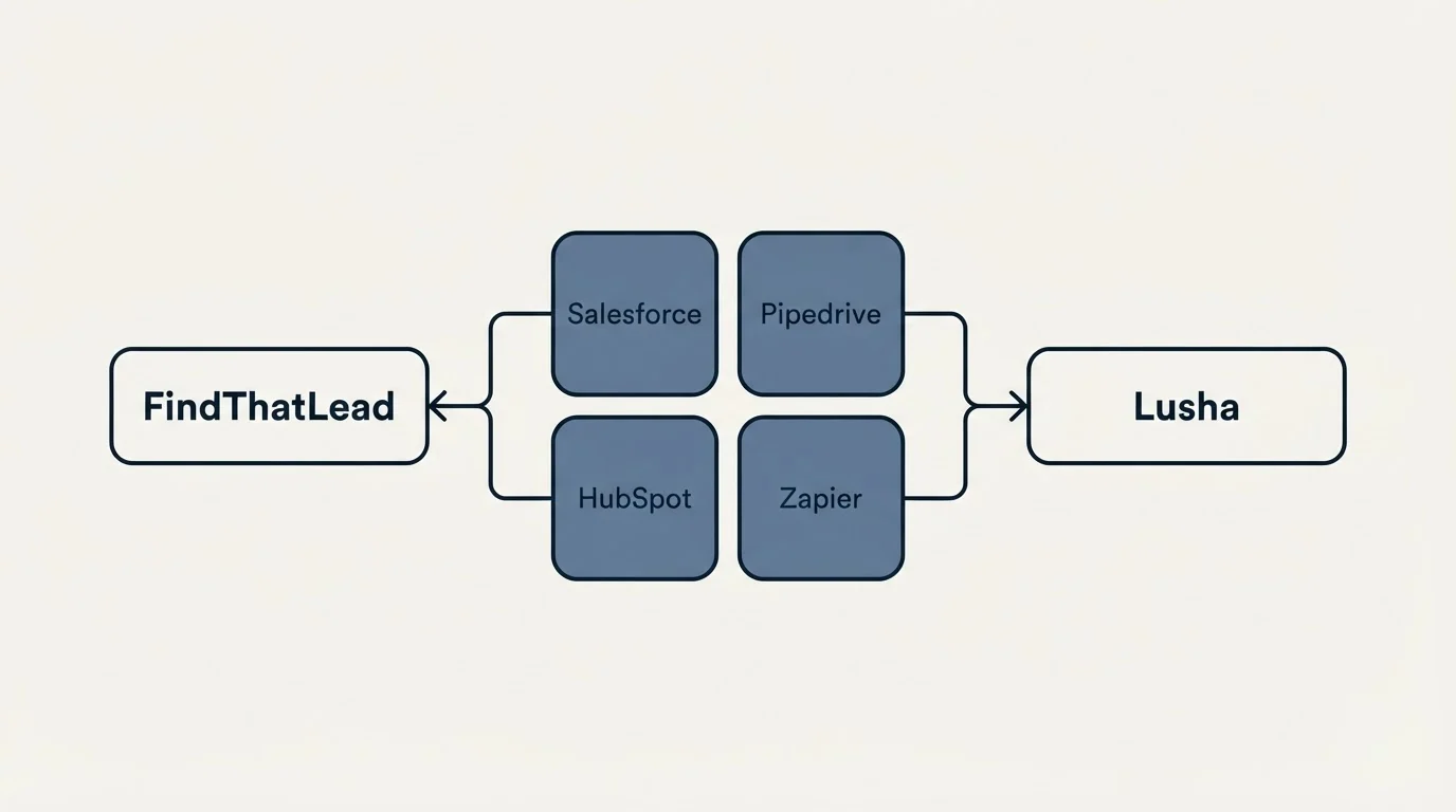 Integration schematic: Integration Ecosystem (FindThatLead, Lusha, Salesforce, Pipedrive)