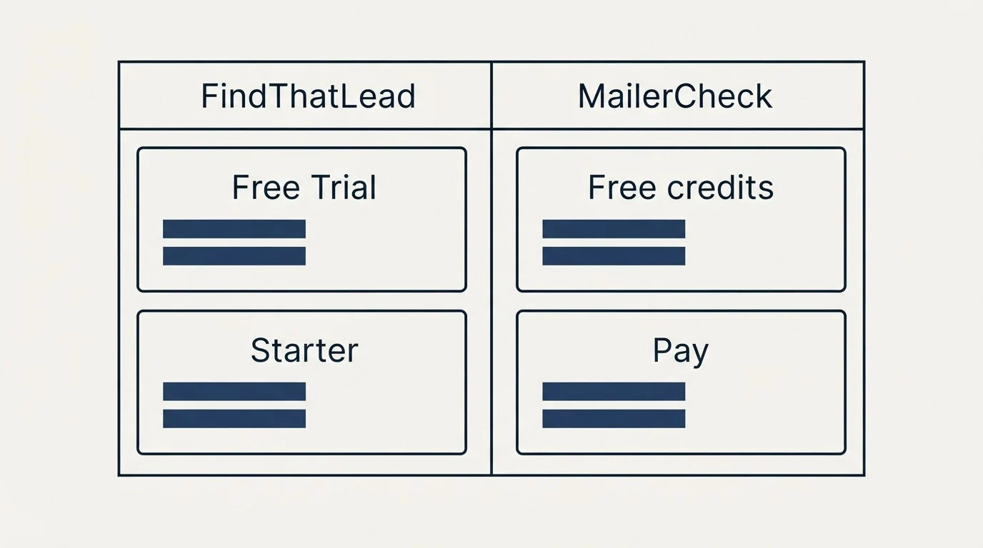Pricing table: Pricing Comparison (FindThatLead, MailerCheck, Free Trial, Free credits)