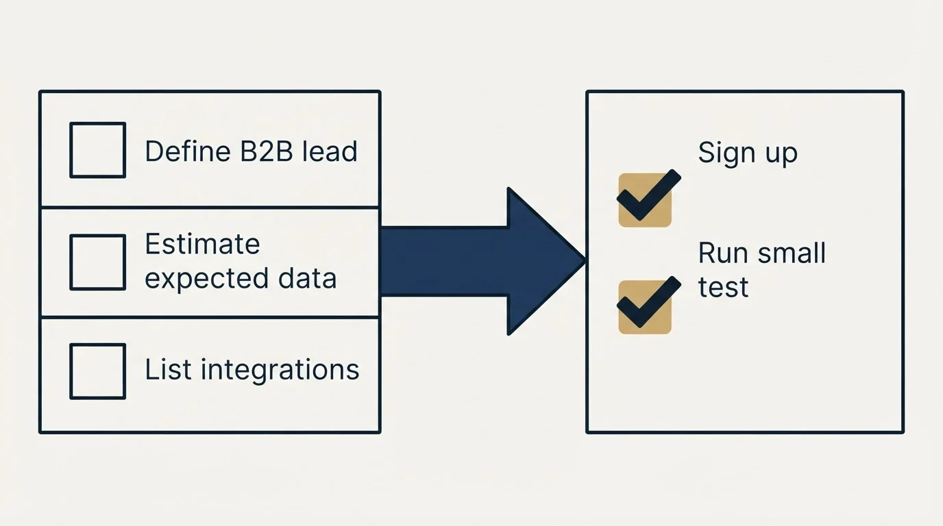 Before-and-after steps: Getting Started Checklist (Define B2B lead, Estimate expected data, List integrations, Sign up)