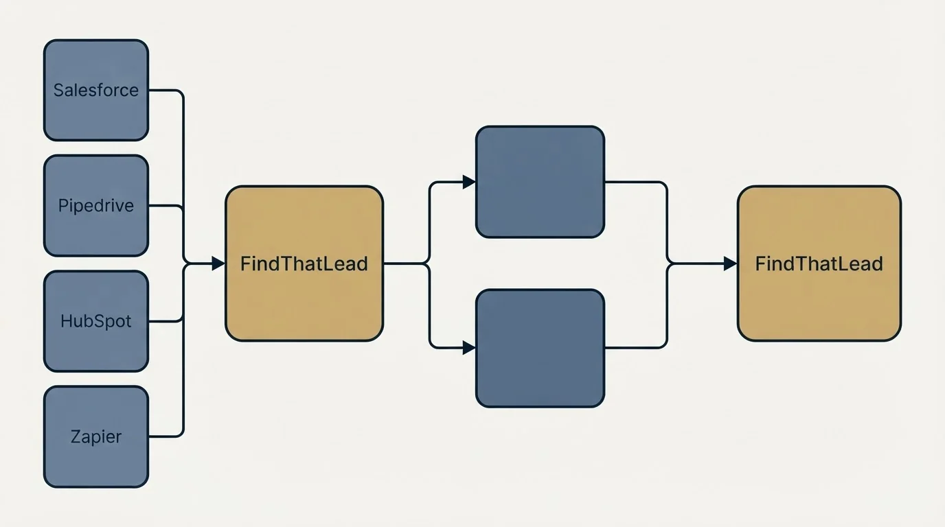 Integration schematic: Integration Ecosystem (FindThatLead, Salesforce, Pipedrive, HubSpot)