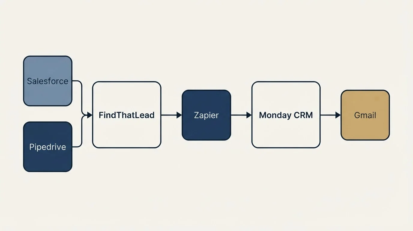Integration schematic: Integration Ecosystem (FindThatLead, Monday CRM, Zapier, Salesforce)