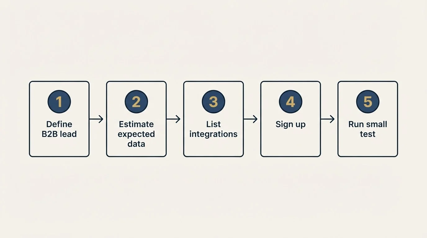 Step sequence: Getting Started Checklist (Define B2B lead, Estimate expected data, List integrations, Sign up)