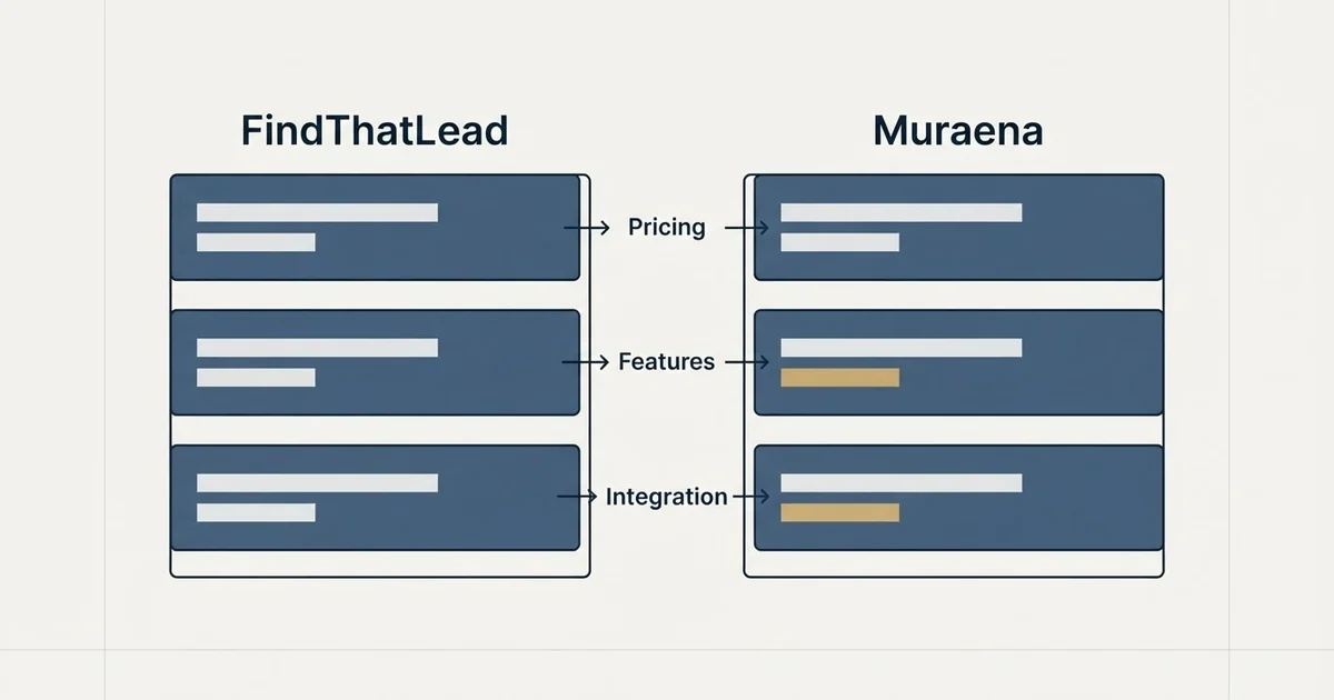 Comparison panel: FindThatLead vs Muraena (Pricing, Features, Integration)